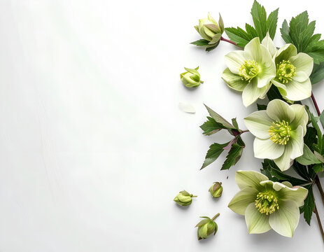 Delicate Light Green Hellebore Flowers and Buds on White Background.