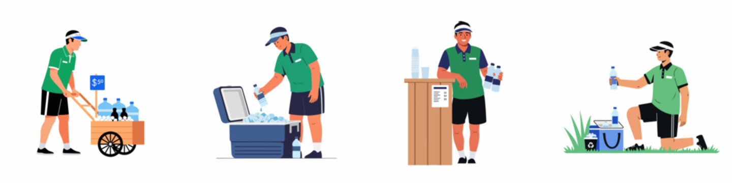 Vector illustration showing different scenes of male street vendors selling bottled water using carts, portable coolers, and stalls.