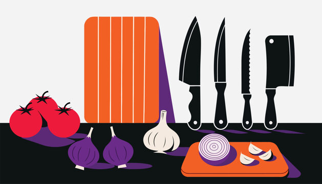 Professional Chef Knives Set with Fresh Vegetables and Cutting Boards for Culinary Cooking and Recipe Design