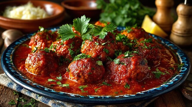 Hearty plate of Spanish albondigas meatballs simmered in rich tomato sauce with fresh parsley garnish, served as a flavorful homemade tapas style dinner with Mediterranean comfort food appeal.