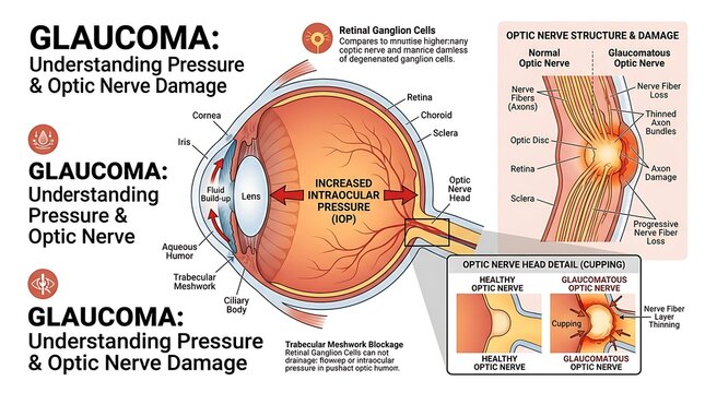 Glaucoma eye disease diagram demonstrating optic nerve damage and pressure