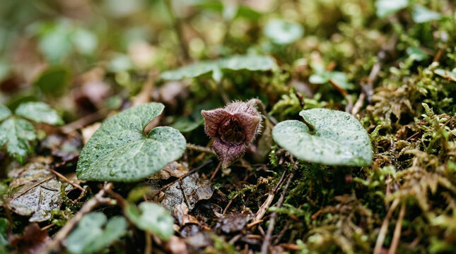 Macro photography of Asarum europaeum flower and wet leaves. European wild ginger plant growing on mossy forest floor
