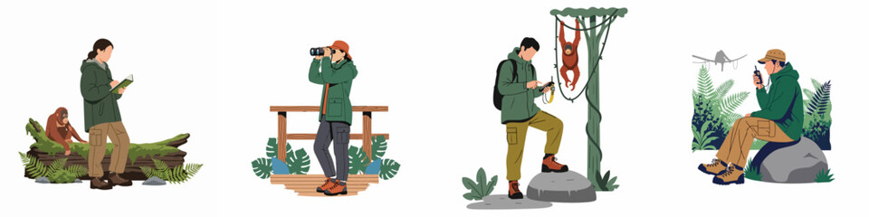 Set of illustrations featuring zoologists and researchers observing and studying orangutans in their natural tropical rainforest habitat. © Rizki