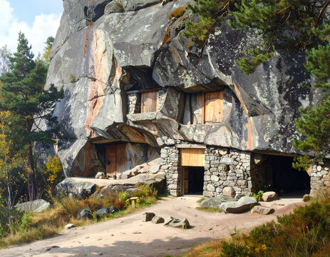 Ancient Stone Dwelling Carved into a Rocky Cliffside.