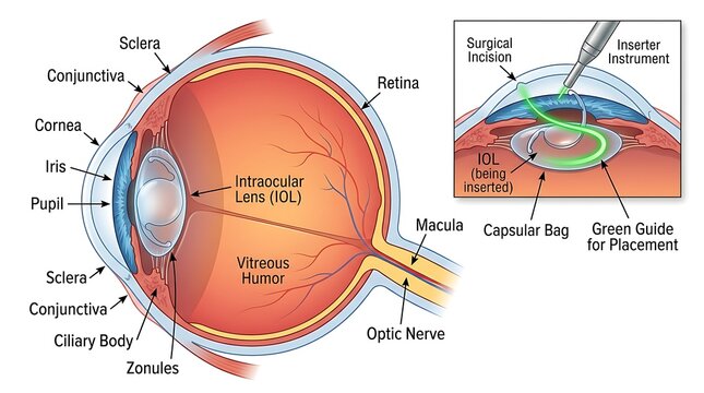 Anatomical diagram of human eye cataract surgery with surgical lens replacement