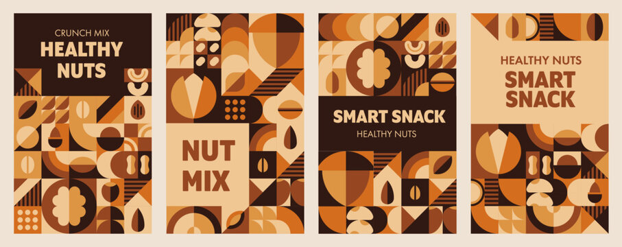 Nuts and beans posters with modern geometric pattern. Mosaic brown beige block of various nuts and seeds for commercial eco friendly food packaging and organic grocery retail marketing