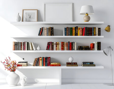 Modern White Bookshelves Filled with Colorful Books and Decorative Items.