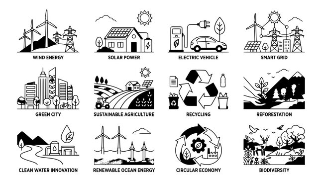 Modern linear icons illustrating key facets of environmental sustainability, highlighting green energy solutions, eco-friendly technology, and global conservation efforts for a healthier planet