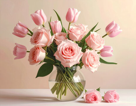Elegant Bouquet of Pink Roses and Tulips in a Glass Vase.