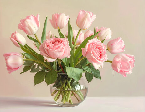 Beautiful Bouquet of Pink Roses and Tulips in a Glass Vase.