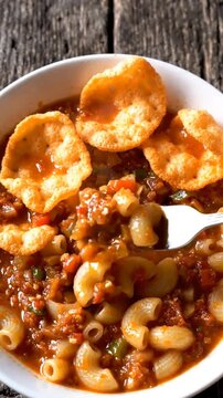 Spicy Indonesian seblak macaroni soup with crackers served in a bowl on a rustic wooden table.