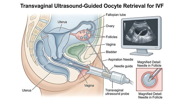 Transvaginal ultrasound guided oocyte retrieval procedure for ivf fertility