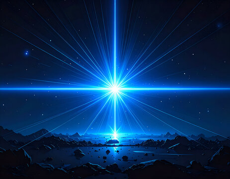 Vibrant Blue Starburst Illuminates Dark Cosmic Landscape Over Reflective Water.
