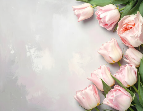 Soft Pink Tulips Border on Textured Gray Background.