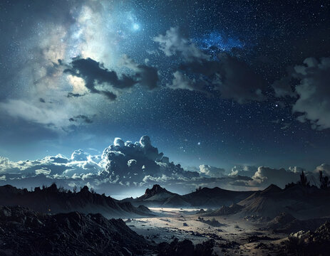 Dramatic Night Sky Over Rugged Mountain Landscape.