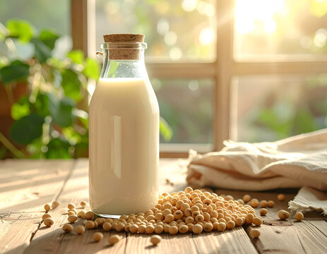 Glass bottle of fresh soy milk with soybeans on a wooden table near a window.