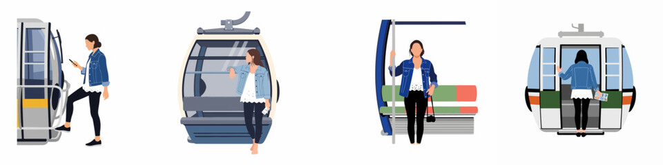 Flat illustration set of a young woman traveler using a cable car or gondola lift for transportation and sightseeing journeys. © Rizki
