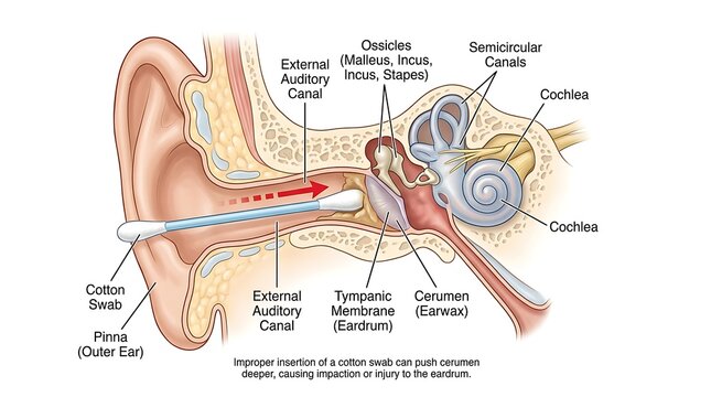 Anatomical diagram of the human ear structure and anatomy with auditory