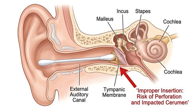 Medical diagram illustrating the risk of tympanic membrane perforation