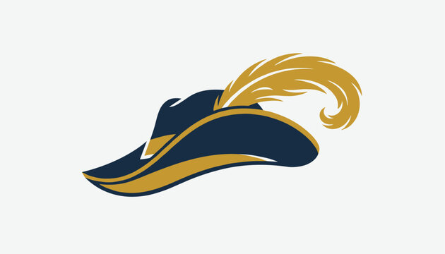 Classic dark blue musketeer hat with a golden feather and brim accents isolated on a white background for costumes.