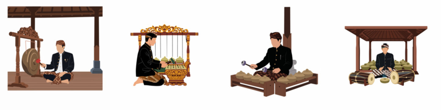Vector illustration set of traditional Javanese musicians in ethnic attire playing Indonesian gamelan instruments including the gong, saron, bonang, and kendang.