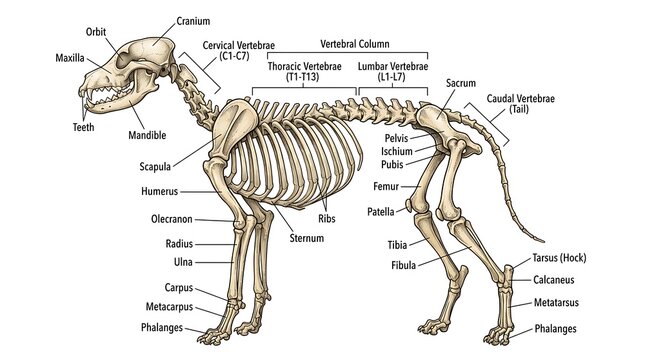 Anatomical skeletal structure diagram of a dog with skeleton, veterinary