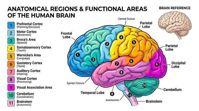 Detailed anatomical regions and functional areas of the human brain