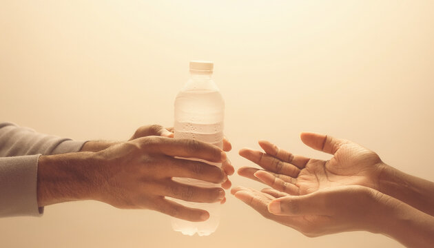 Volunteer hands giving a bottle of clean drinking water to someone in need