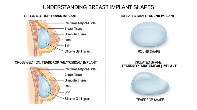 Medical illustration comparing round and anatomical breast implant shapes