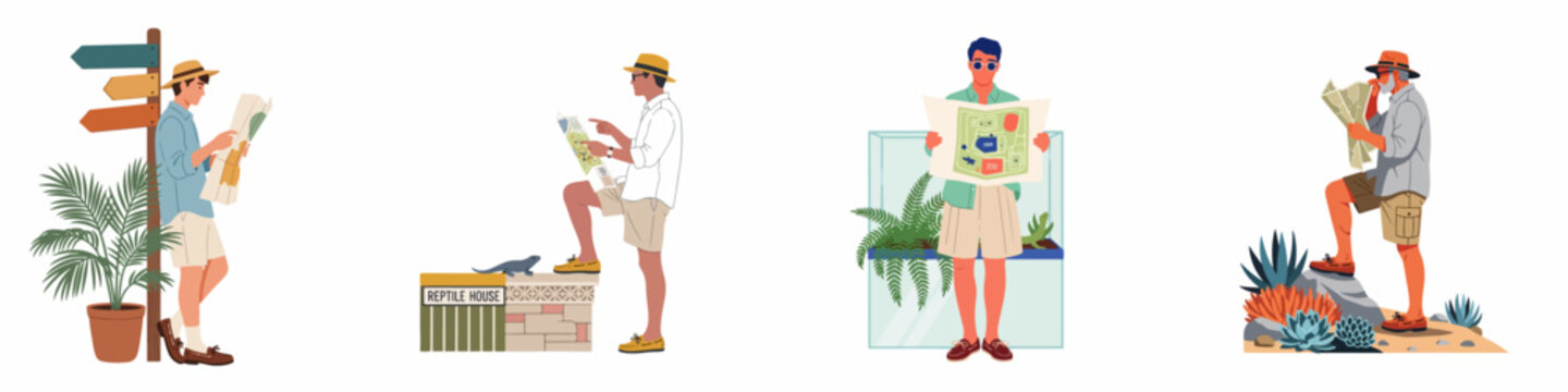Set of male tourists navigating with paper maps in various locations including a zoo reptile house, desert landscape, and signpost area.