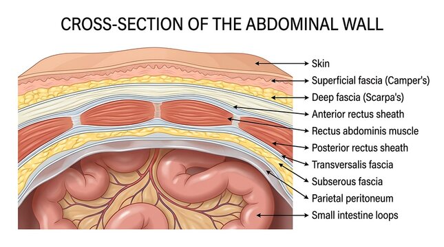 Cross-section medical anatomy diagram of the human abdominal wall layers