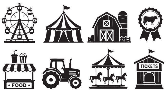County Fair Icons silhouette, fairground attraction set, vector isolated on white