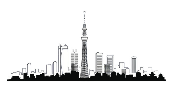 Tokyo skyline outline with famous tower landmark