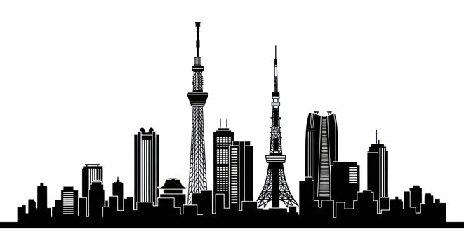 Modern tokyo city skyline silhouette featuring iconic towers