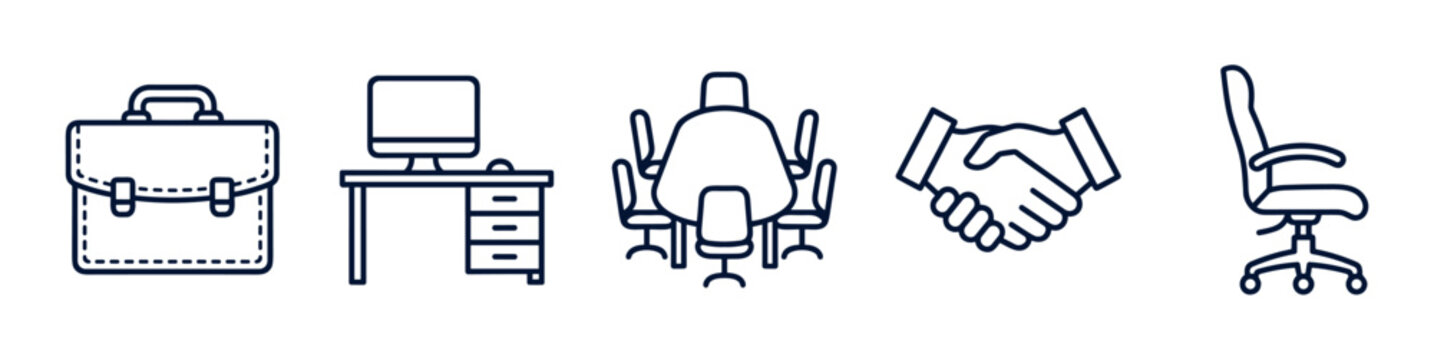 Collection of essential business and office icons featuring a briefcase, computer desk, meeting table, handshake, and ergonomic chair.