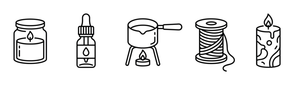 Candle making supplies and aromatherapy icons, including a jar candle, dropper bottle, wax melting pot, wick spool, and pillar candle, presented in a clean line art style.