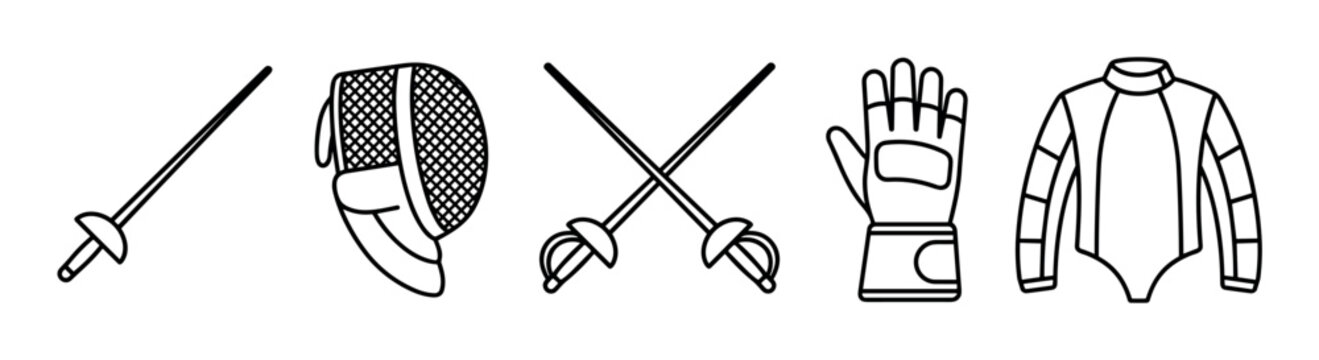 Fencing equipment set including sword, mask, glove, and jacket, depicted as a collection of outline icons representing the sport's essential gear.
