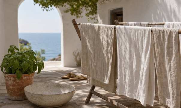 Natural linen drying in a quiet seaside guesthouse courtyard