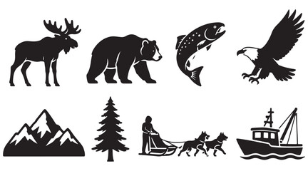 Alaska Icons silhouette, arctic wilderness set, vector isolated on white © Thi