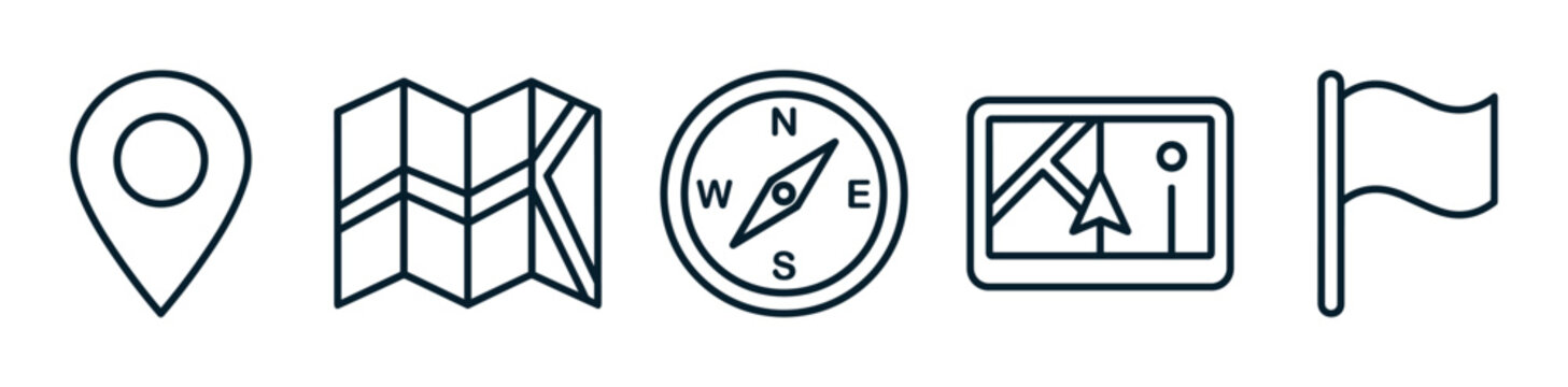 Navigation location mapping compass map flag icons representing travel, direction, and destination for digital interfaces and graphic design projects.