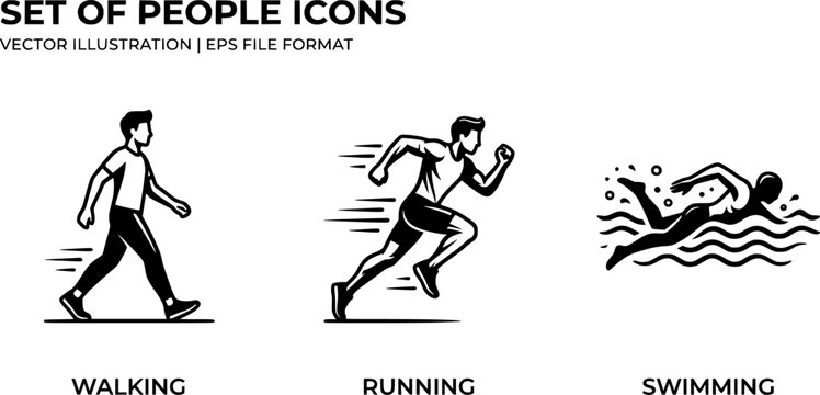 Set of people icons. Person walking, running, swimming. Vector illustration