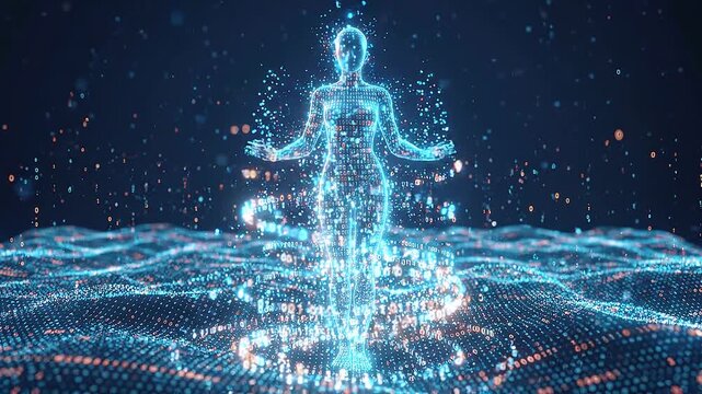 Virtual human silhouette walking through digital landscape of binary code and data waves. Panning shot with glowing particles.