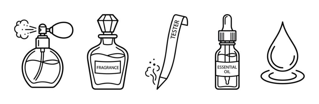 Perfume fragrance essential oil tester strip and liquid drop icons collection illustrating beauty, aroma, and cosmetic products in a modern outline style.