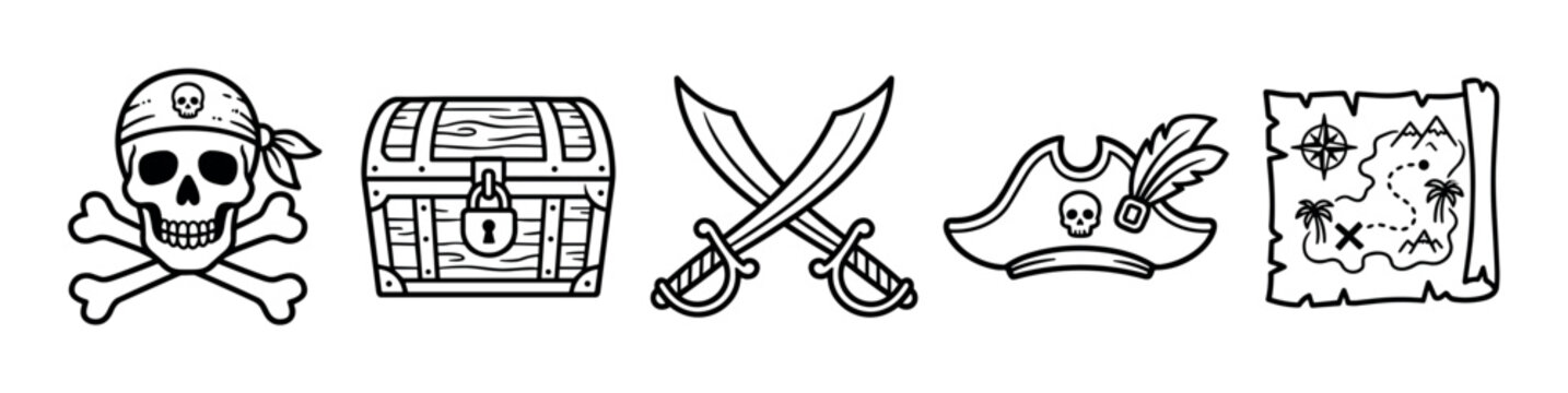 Pirate skull, treasure chest, crossed swords, hat, and map outline icons are essential elements for any swashbuckling adventure design.