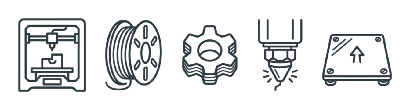 Comprehensive collection of 3D printing technology icons representing manufacturing processes, materials, and components for modern production.