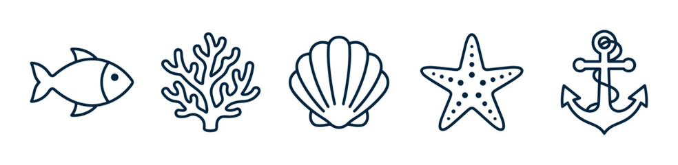Naklejka premium Fish coral seashell starfish anchor line art icons set depicting diverse marine life and essential nautical symbols for ocean and sea themes in a simple style.