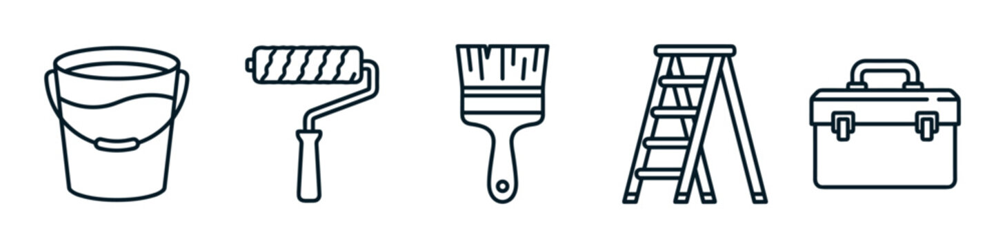 Bucket paint roller paintbrush ladder toolbox icons representing essential tools for home renovation and construction projects in a simple line art style.