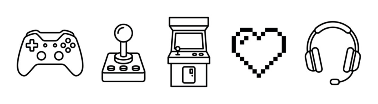 Gaming controller joystick arcade machine pixel heart headphones line art icons representing various aspects of video game culture and entertainment.