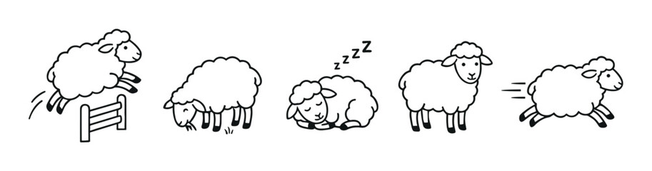 Fototapeta premium Cute cartoon sheep illustrations depicting various farm animal activities like jumping, grazing, sleeping, standing, and running in a simple line art style.