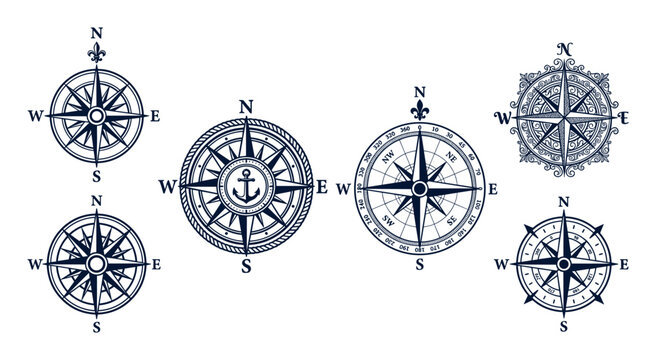 Six different vintage nautical compass roses collection showing various styles and navigational elements for travel and adventure concepts.